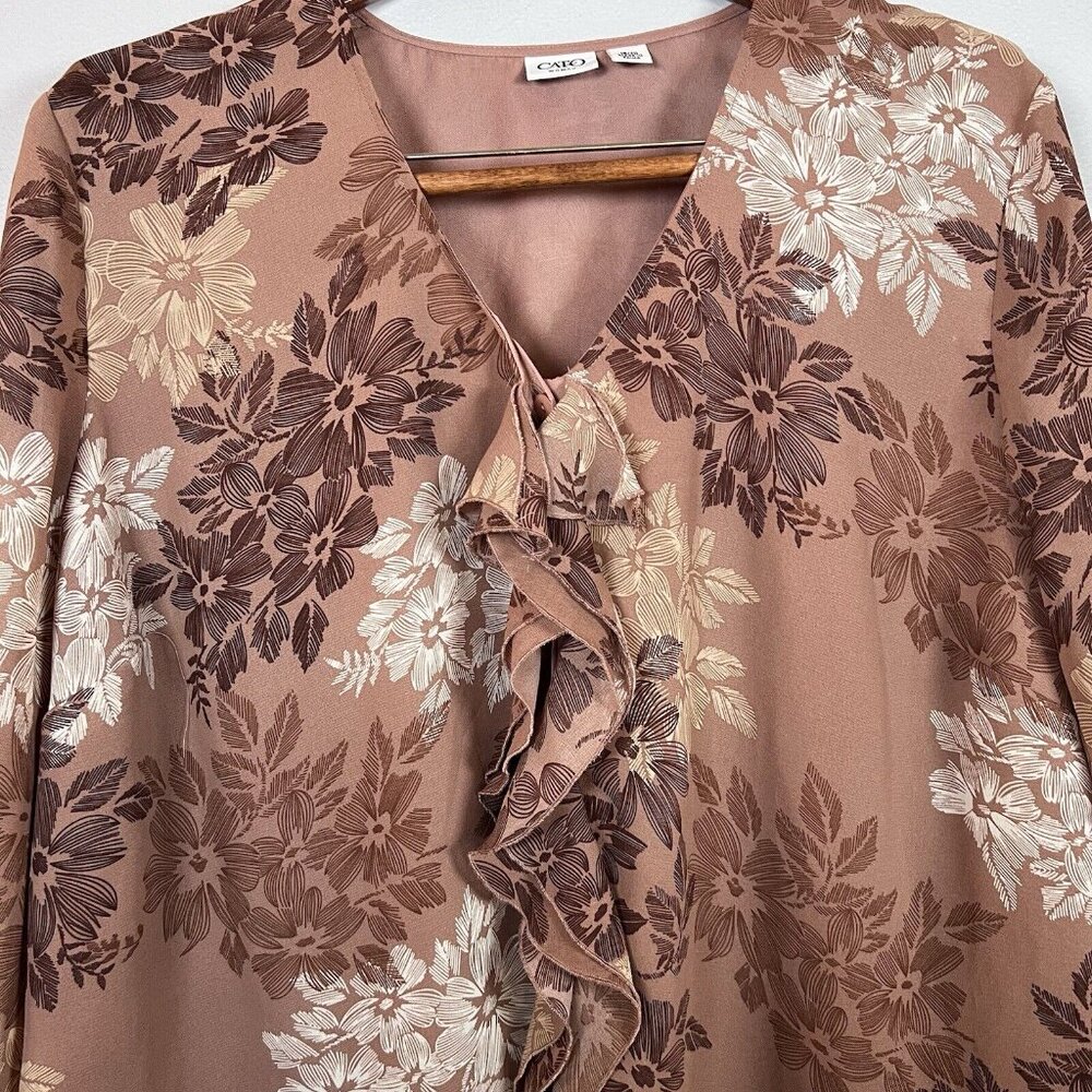 Cato Tunic Blouse Women’s Size 18/20 Brown Floral Long Sleeve Ruffle V-Neck Boho - Picture 6 of 13